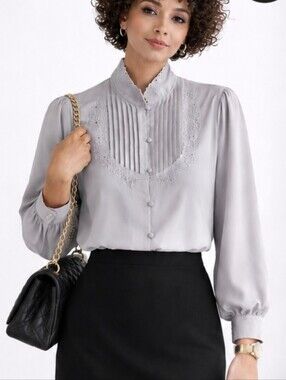 Kara | Vintage Gray Blouse Pin Tuck Pleated High Neck Floral